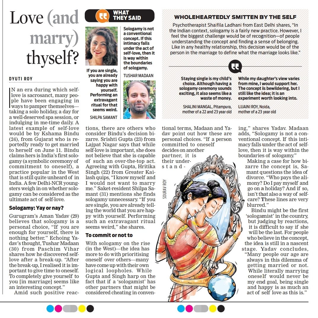 With the news of #KshamaBindu's #Sologamy ceremony creating a stir in the country, a few #DelhiNCR #youngsters weigh in on if the practice is bizarre or worth trying.

✍️ <a href="/at_dyuti_roy/">Dyuti Roy</a> <a href="/TheMornStandard/">TheMorningStandard</a>

Read full story here: bit.ly/3NNCXVq
