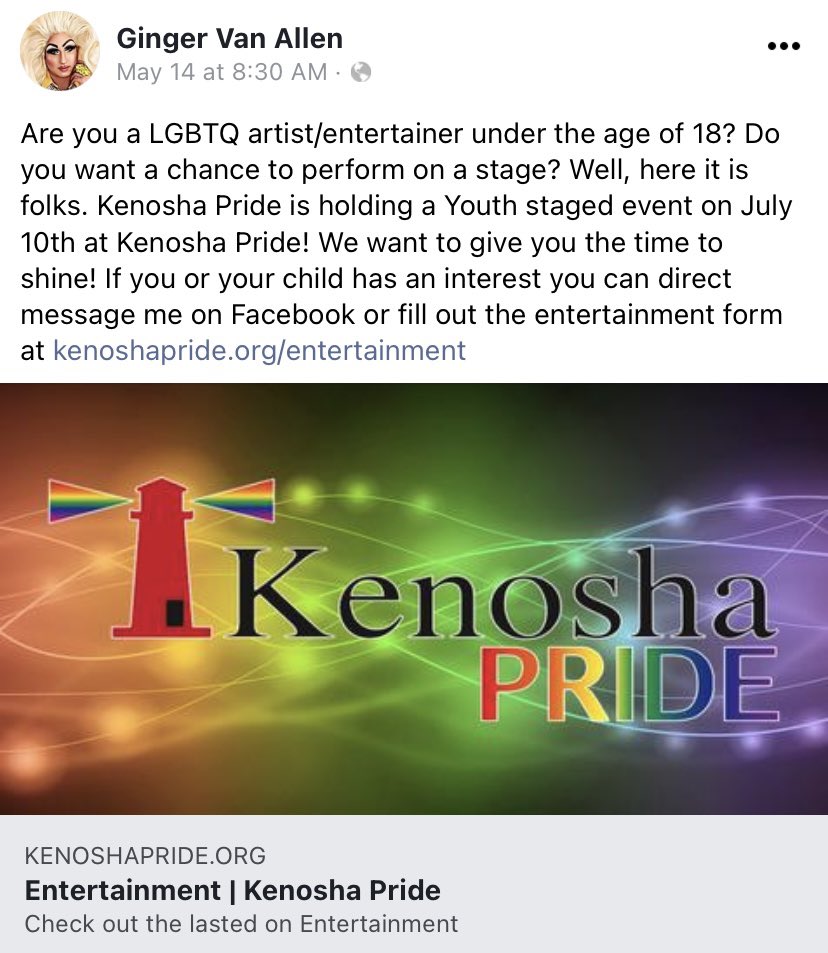 “Are you under the age of 18?”  @KenoshaPride is looking specifically for minors to dress up in drag and perform on stage with drag queens.