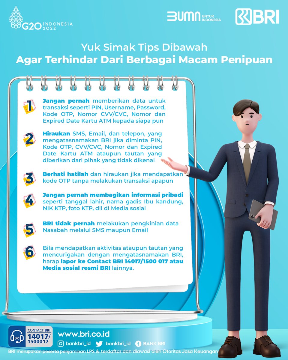 kontakBRI's tweet photo. Sobat BRI. Maraknya indikasi penipuan, membuat kita harus selalu waspada terhadap informasi yang diterima. Yuk, simak beberapa tips mencegah penipuan berikut ini dan pastikan selalu menjaga kerahasiaan data pribadi dari siapa pun ya. Sehat dan sukses selalu.

#BRIEdukasi https://t.co/GMjQywAiOG