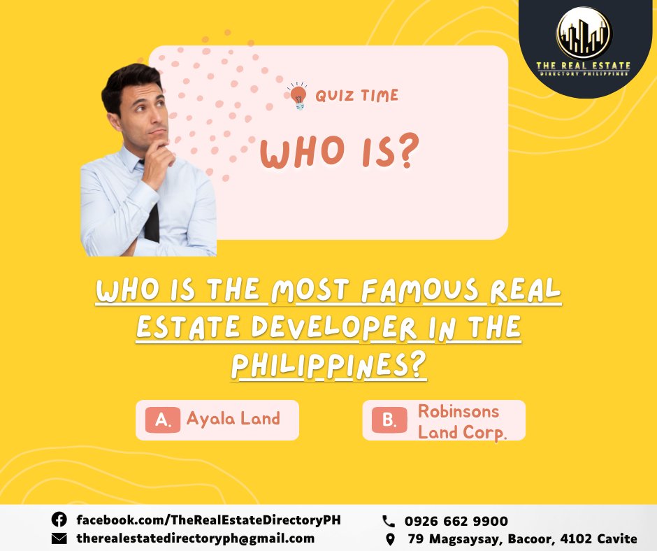 TREDph's tweet photo. QUIZ TIME!

Who is the most famous real estate developer in the Philippines?
Comment or react to your answer/s below.
A- Ayala Land
B- RobinsonsLand Corporation

For more information, visit us at https://t.co/shg9AdFX3j

#TheRealEstateDirectoryPh
#RealEstateInvesting
#QuizFriday https://t.co/ZCkREKYRyo