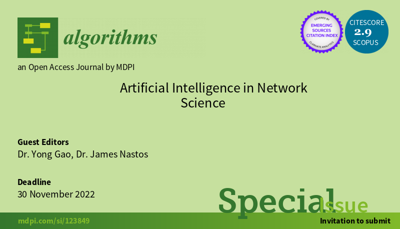 Algorithms_MDPI's tweet photo. New #specialissue #ArtificialIntelligence in #NetworkScience

Editors: Dr. Yong Gao from University of British Columbia - Okanagan; Dr. Jim Nastos from Okanagan College

https://t.co/vquY9Ifuzn #mdpialgorithms via MDPI https://t.co/SvYc4GY0sG