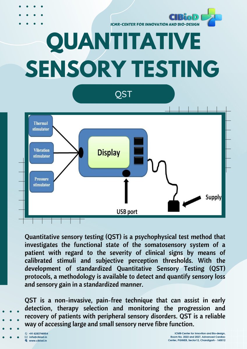 me_dvg's tweet photo. #CIBioD #Innovation 
#QST is a non-invasive, pain-free technique that can assist in early detection, therapy selection and monitoring the progression and recovery of patients with peripheral sensory disorders.
For more details visit https://t.co/FdIdO8ZD5U
Mail us: info@cibiod.in https://t.co/wNe6FmMrBA
