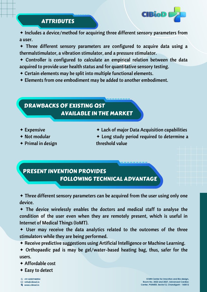 me_dvg's tweet photo. #CIBioD #Innovation 
#QST is a non-invasive, pain-free technique that can assist in early detection, therapy selection and monitoring the progression and recovery of patients with peripheral sensory disorders.
For more details visit https://t.co/FdIdO8ZD5U
Mail us: info@cibiod.in https://t.co/wNe6FmMrBA