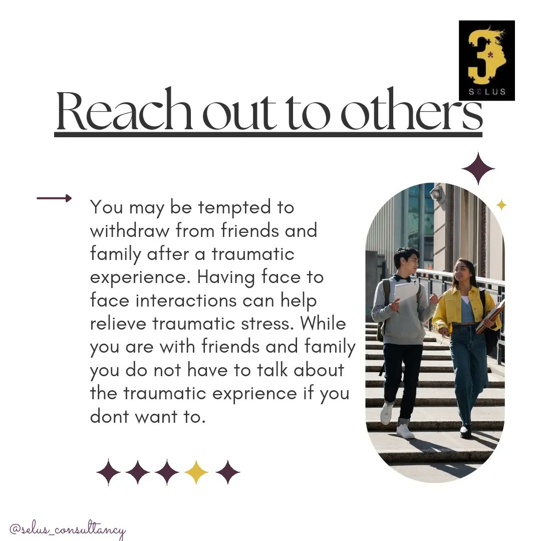 selusconsultant's tweet photo. Traumatic events can take an emotional toll on someone and cause traumatic stress.
#selus #workandthrive #trauma #therpaysession #traumarecovery #mentalhealthadvocate #mentalhealth #MentalHealthMatters #therapistofinstagram #ptsdawareness https://t.co/cm0DLk2dRs