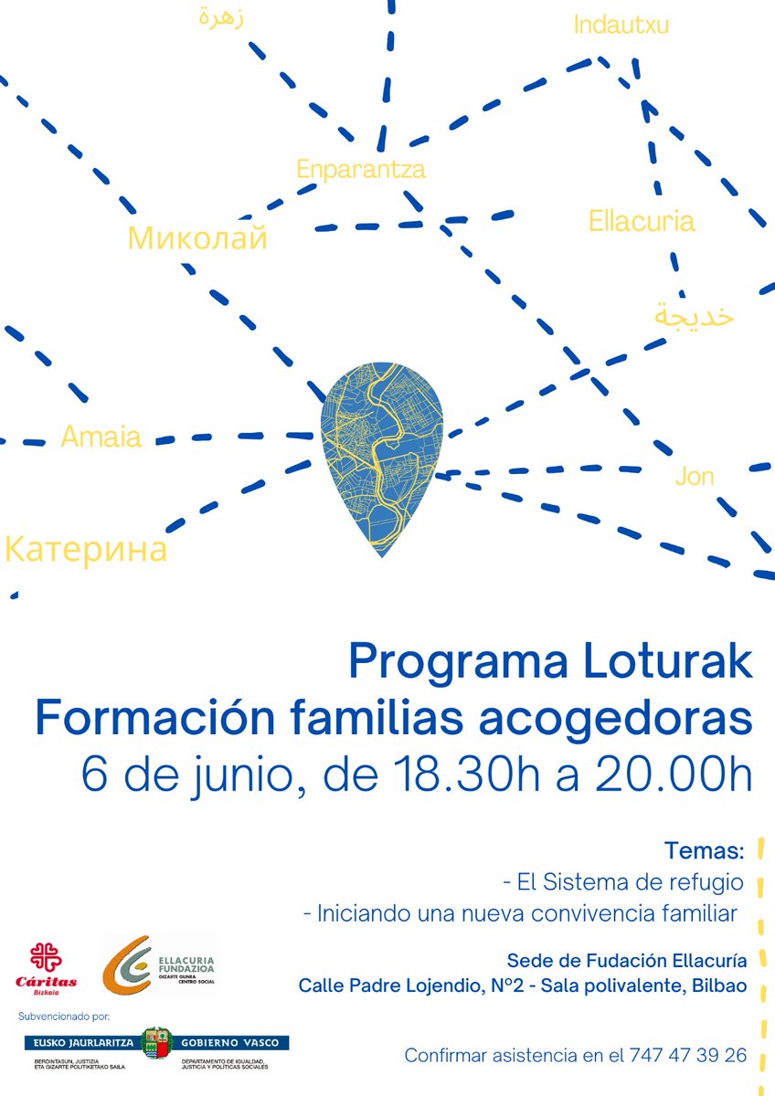 migrantes_sj's tweet photo. A raíz del proyecto #Loturak, Fundación social Ignacio Ellacuría lleva a cabo una formación a las familias acogedoras o que quieran acoger sobre el sistema de refugio y la convivencia familiar.
🟢 Bilbao, 6 de junio
🟢 Getxo, 7 de junio
🟢 Donosti, 9 de junio https://t.co/Xi18T5Cxjd