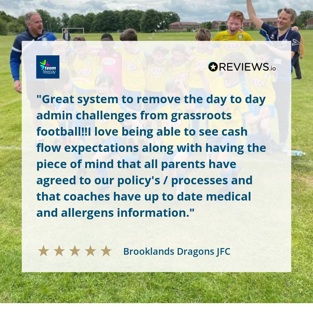 teamfeepay's tweet photo. #FeelGoodFriday
We're delighted to be making life easier for Brooklands Dragons JFC in Greater Manchester. Thanks for the 5 Star review guys 🙌
Get a FREE demo: https://t.co/rGQjGVw60k
#footballclubsoftware #clubmanagementsystem #footballclubpayments @BDRAGONSJFC https://t.co/NXe5H0l9jQ