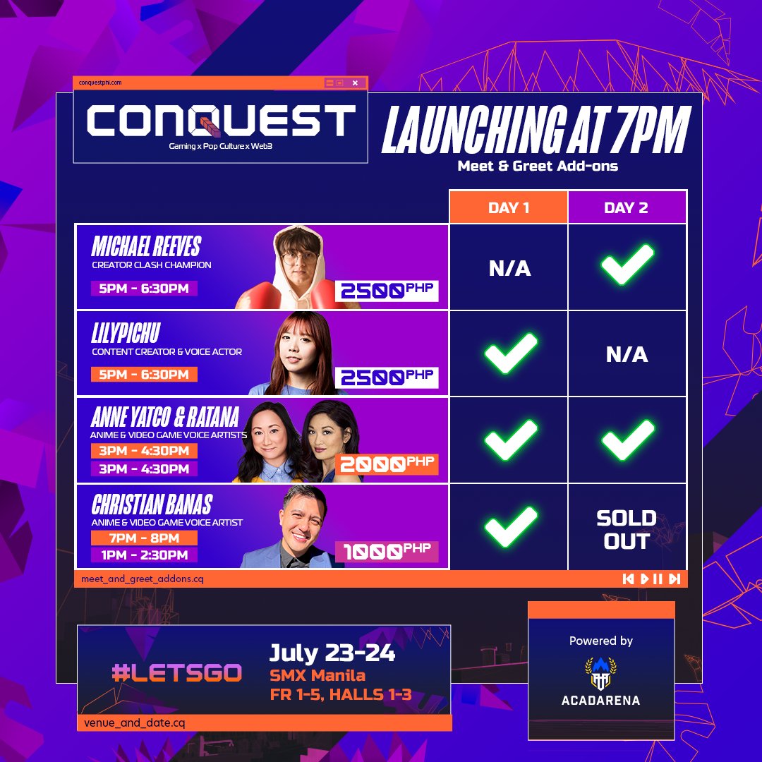 CONQuestPHL's tweet photo. 💸 Wave 3 Meet passes launch at 7PM!

🔥 Take Note: Meet &amp; Greet passes alone will NOT grant you entry to the venue.

#LetsGo to #CQ2022 🇵🇭
🌏🎟️ For tickets and updates: https://t.co/2GQ0ZkawtO https://t.co/Tqf3PfYbLd