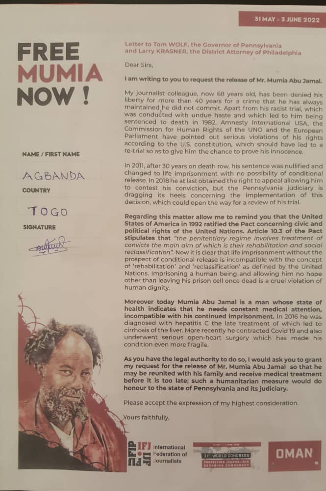 AgbandaPierre's tweet photo. #IFJCONGRESS2022 
Je viens de signer une pétition pour la libération de Mumia Abu-Jamal, journaliste américain emprisonné depuis 40 ans en Pennsylvanie. Il est accusé de meurtre d'un policier.

@USEmbassyLome 
@USAenFrancais 
@CPJAfrica https://t.co/3YZjoJ33Mc