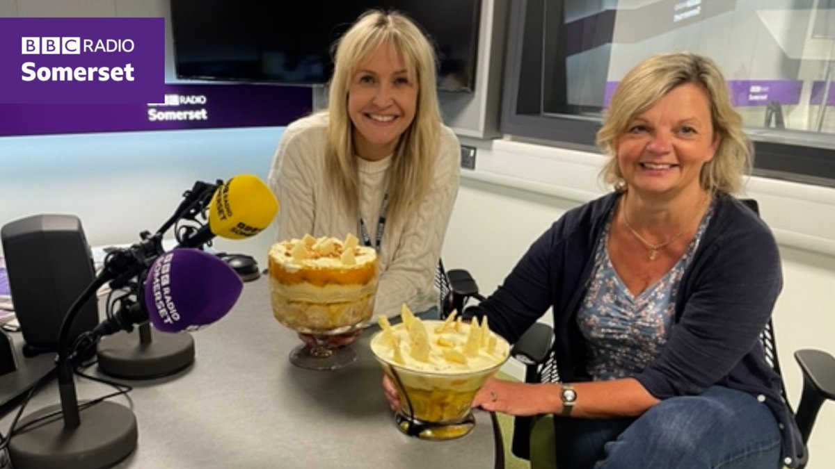 bbcsomerset's tweet photo. A pudding fit for the Queen?
@Claire7Carter and @BridgetHeal have had a go at making the Platinum Jubilee trifle.
They look alright! Listen live to hear how they taste https://t.co/1hBaD0hQsA https://t.co/OFdVieVExh