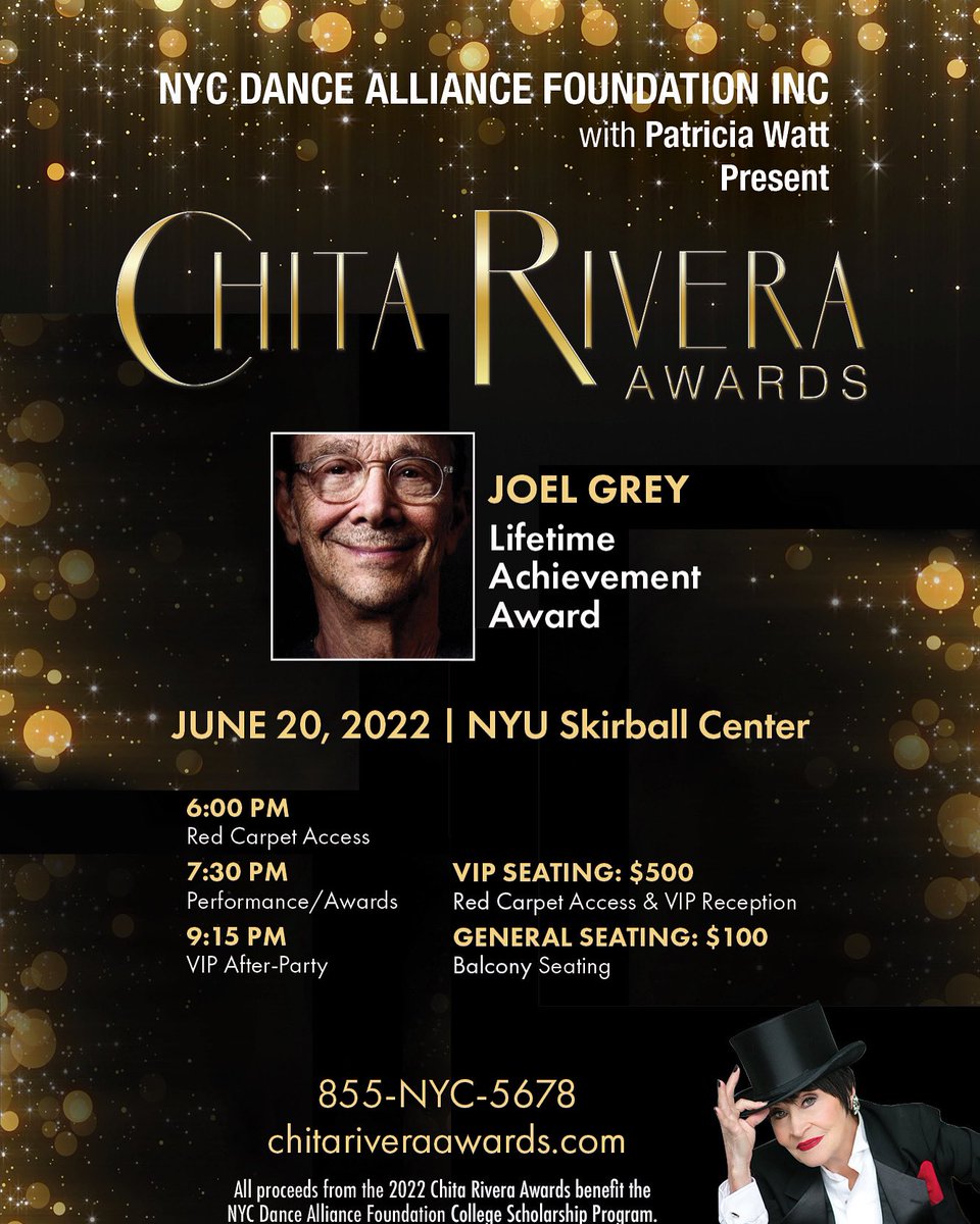 CassSOfficial's tweet photo. Please join New York City Dance Alliance Foundation with Patricia Watt
Monday, June 20th @nyuskirball 
CHITA RIVERA AWARDS
Honoring Joel Grey 
Lifetime Achievement Award ❤️
#nycdaf #dance #theater #chitarivera  #film #newyork #gala #performamce #dancers #tickets #liveperformance https://t.co/otopynHZry