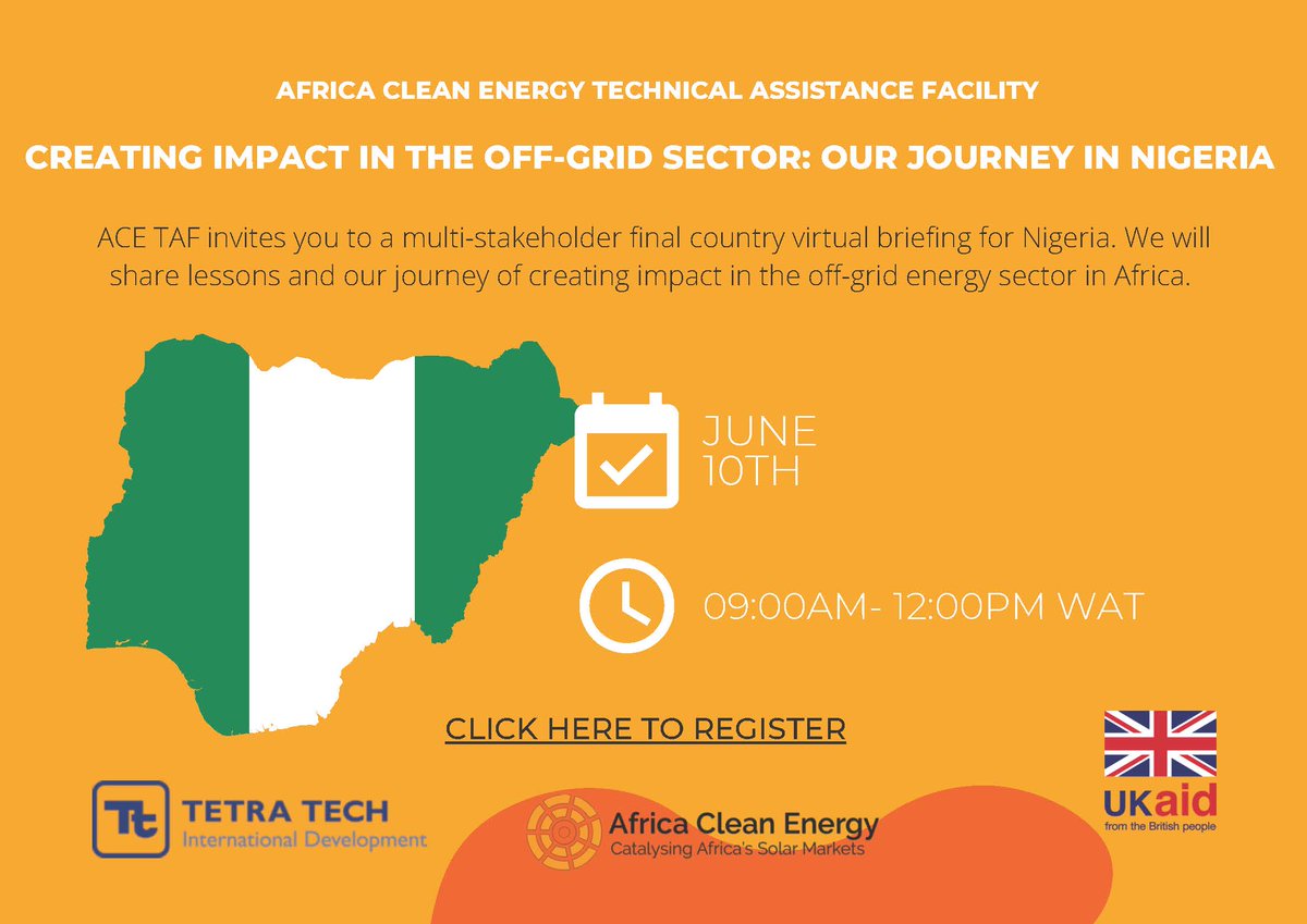 📢 Event Alert!

You're invited. Join us as we give our final #Nigeria briefing on <a href="/UKinNigeria/">UK in Nigeria🇬🇧🇳🇬</a>'s work through <a href="/ACE_TAF/">Africa Clean Energy Technical Assistance Facility</a> in the off-grid energy sector. We're sharing the best practices you should replicate and lessons learned that you should adopt. 

🔗 cutt.ly/ZJvmnvI
