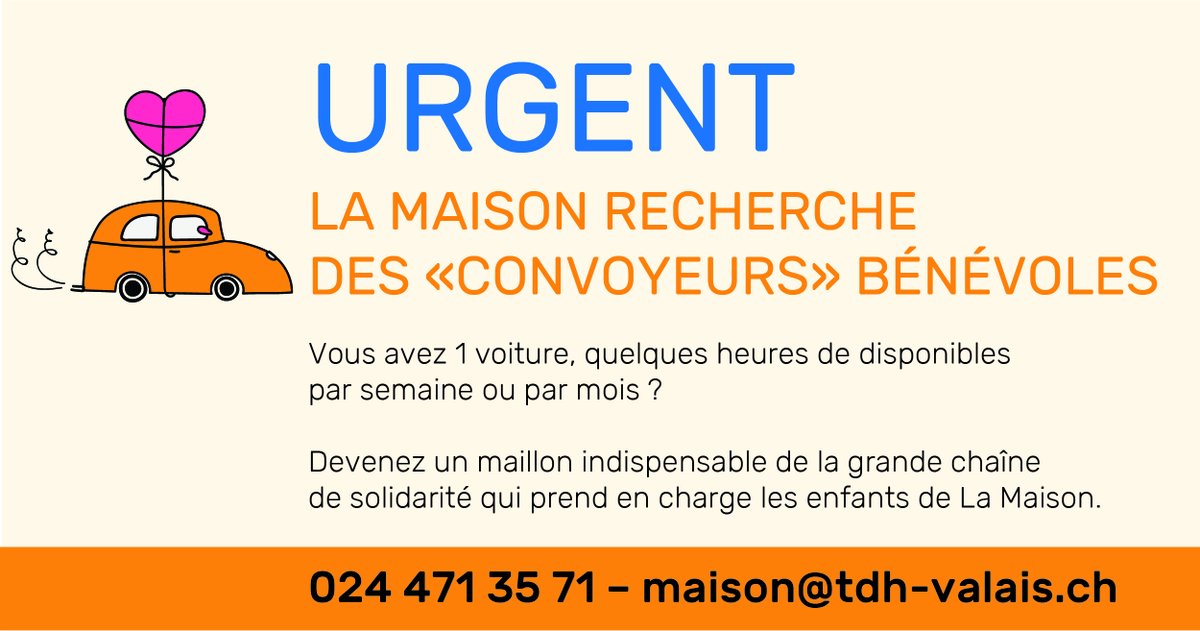 🏡🚗🏥 TRANSPORTS D'ENFANTS🏡🚗🏥  

URGENT! Nous avons besoin de bénévoles pour transporter les enfants vers les différents centres de traitement, l'aéroport de Genève ou à La Maison ! 
Info: zcu.io/aPM6