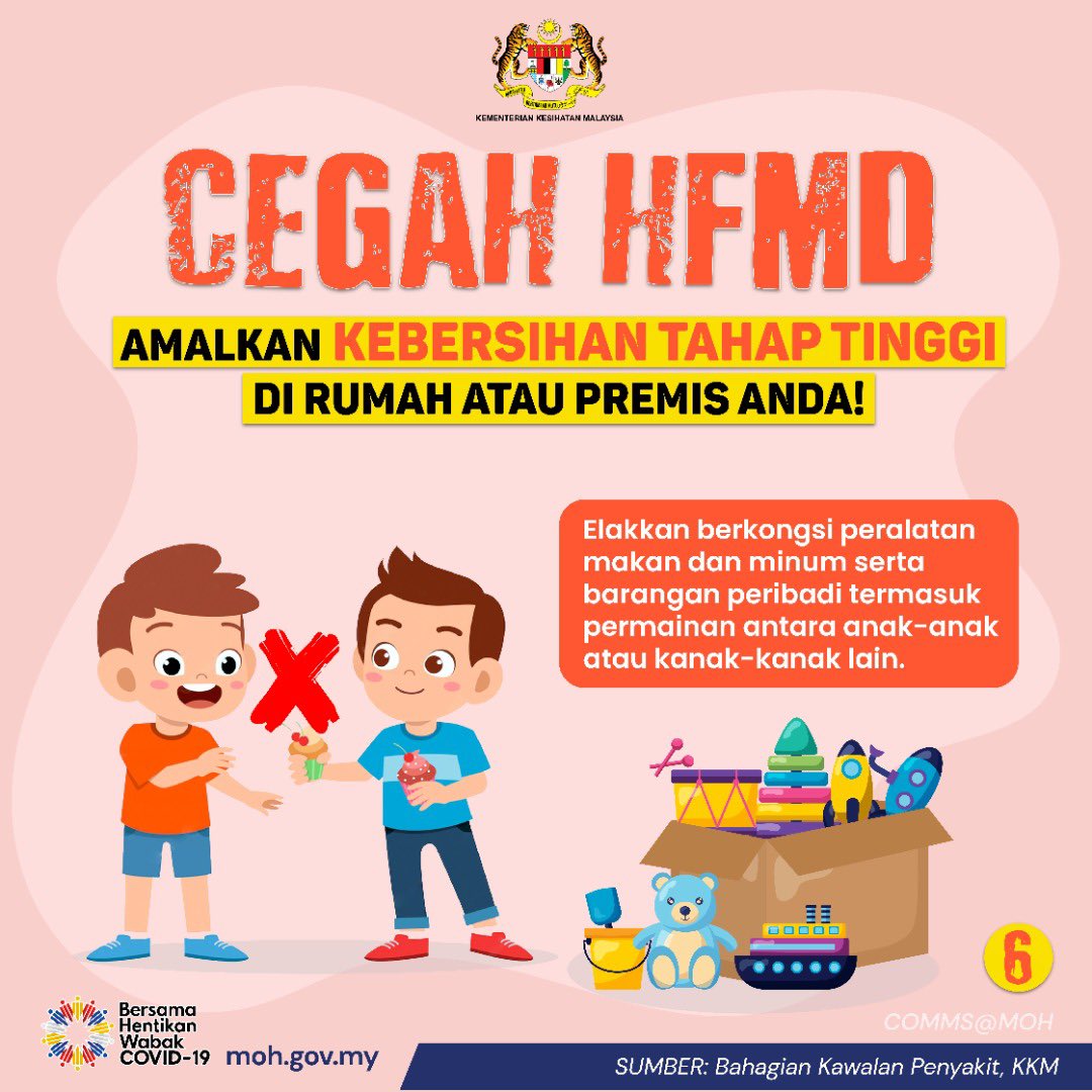 🚨 HFMD mudah merebak dari satu individu ke individu yang lain melalui sentuhan secara langsung dengan lelehan air hidung, tekak, air liur dan cecair dari lepuhan juga daripada najis individu yang telah dijangkiti.