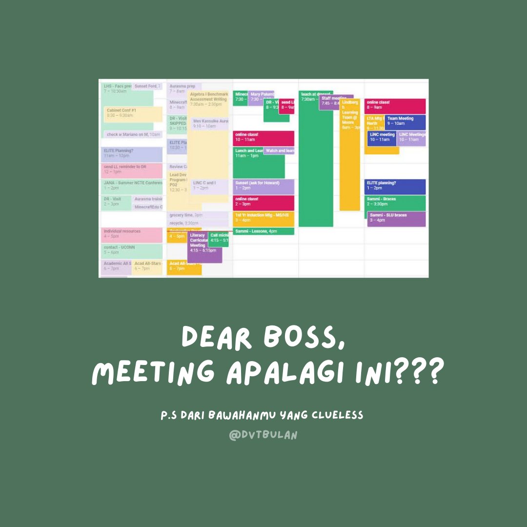 dvtbulan's tweet photo. Sering ngerasa overwhelm karena harus maraton meeting yang gak jelas?
Sering bingung apa yang harus dilakuin setelah meeting berjam-jam?

🧵Strategi jadi “atlet” marathon meeting online buat yang mau lebih mindful bekerja. 

A thread. https://t.co/iBzJKDccKa