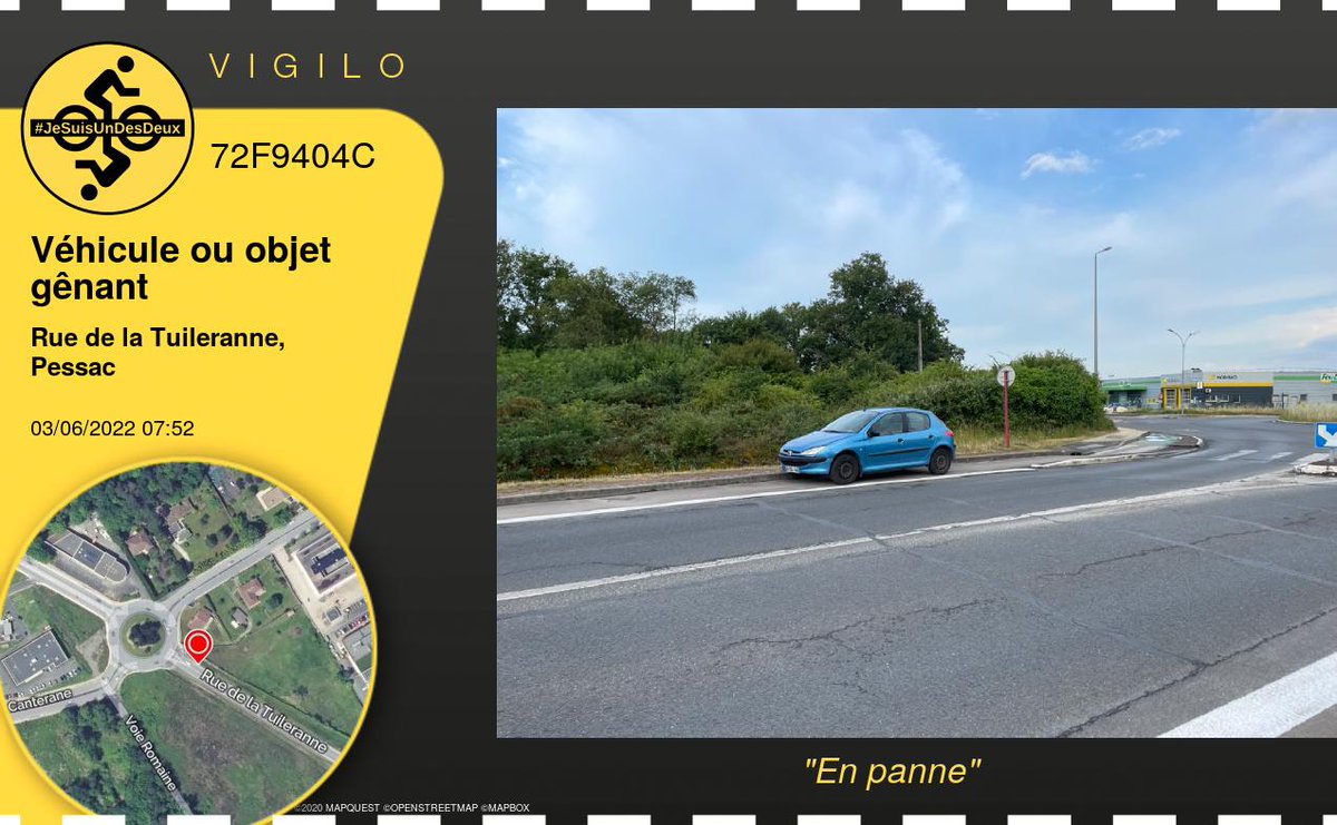 VigiloBordeaux's tweet photo. Et un nouveau signalement sur vigilo : 
En panne 
https://t.co/1W8OSwKQQn
#Véhicule ou objet gênant #Pessac @cycles_maniv 
 @BxMetro #jesuisundesdeux https://t.co/Lf76NusOej