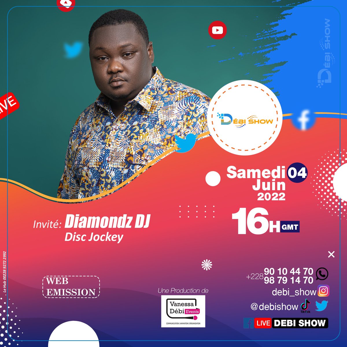 L’homme s’appelle DJ Diamondz. Il dit les choses tel qu’il les pense. Retrouvez le demain samedi sur notre canapé 🥰 
16h GMT

#debishow 👇🏽
facebook.com/ledebishow/ 
<a href="/vanessa_debii/">Vanessa_Débi 👸🏼🦋</a> <a href="/EuphYEME/">Euphrasie YEME🇹🇬</a> <a href="/DjDiamondz1/">David Diamondz</a> 
#TgTwittos