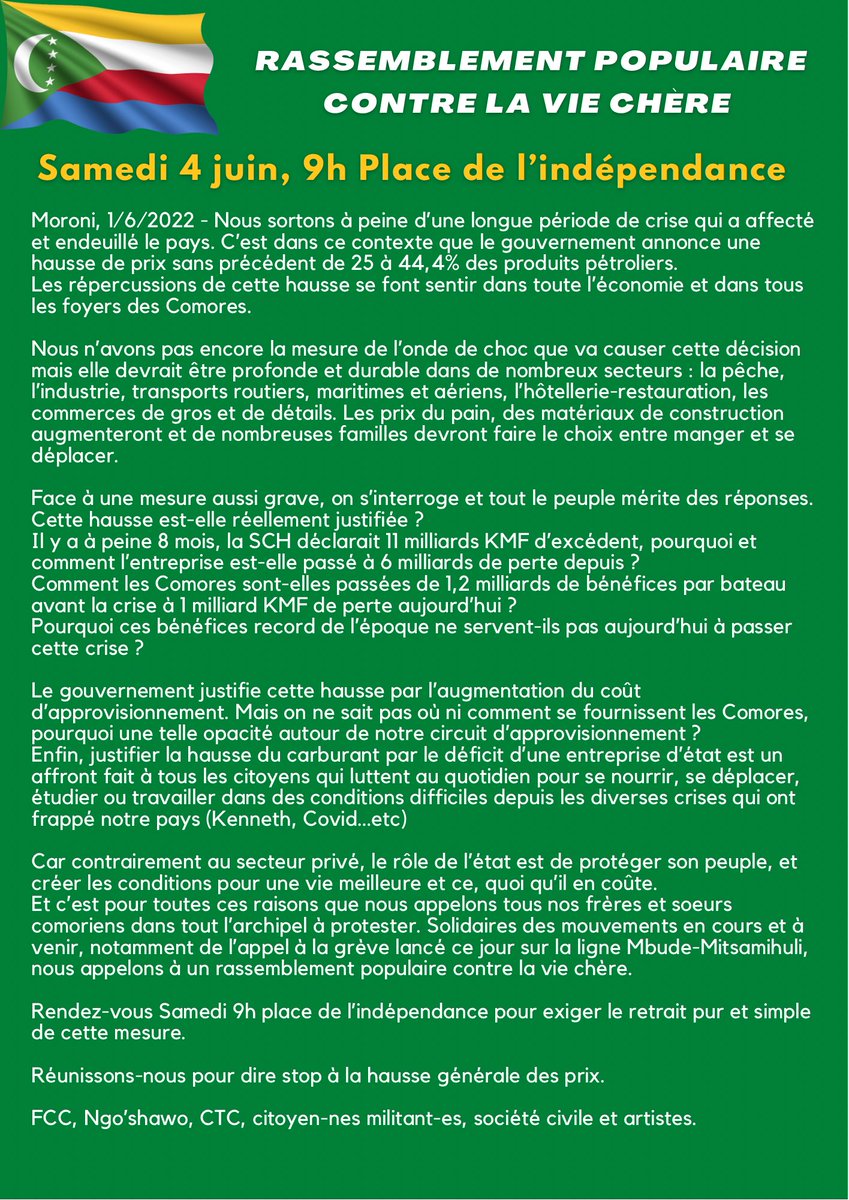 Wafahari269's tweet photo. Rendez-vous tous Place de l’indépendance de Moroni demain à 9h Insha Allah https://t.co/d8OrVyAUif