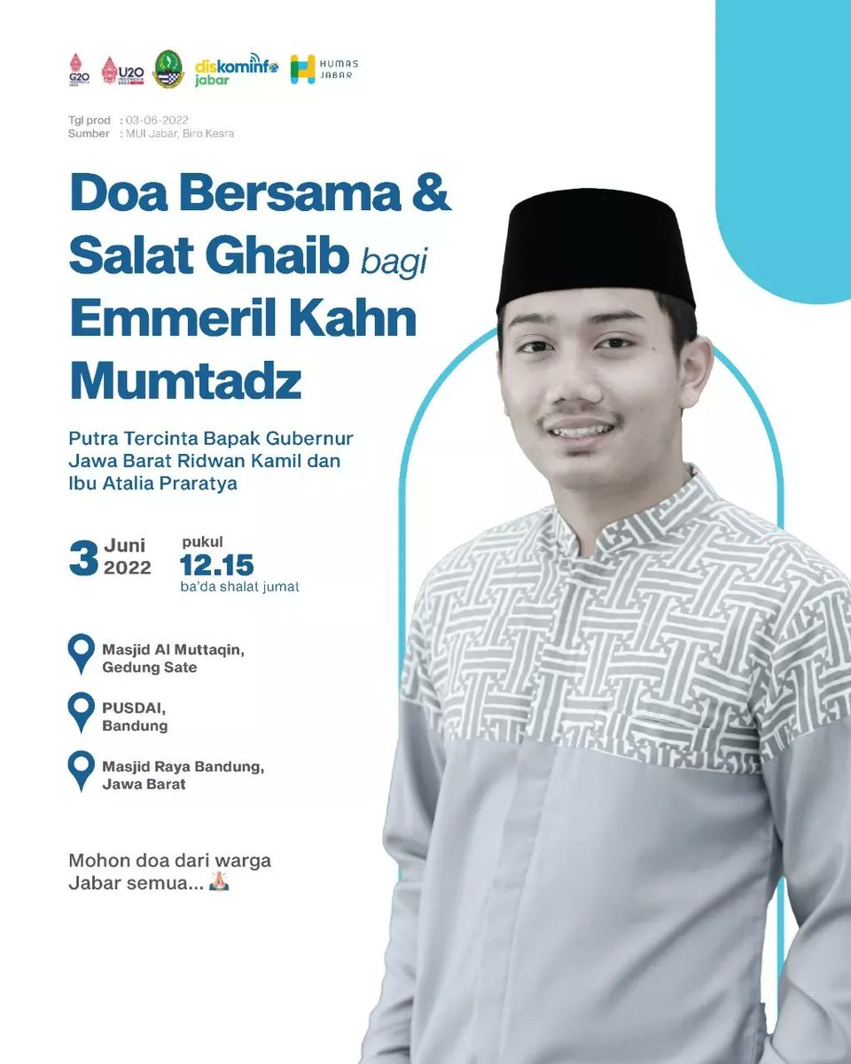 Bismillahirrahmanirrahim.
Innalillahi Wa Innailaihirojiun. 

Telah berpulang kerahmatullah Emmeril Kahn Mumtadz bin Mochamad Ridwan Kamil pada Kamis 2 Juni 2022 di Kota Bern, Switzerland. 🙏🏻