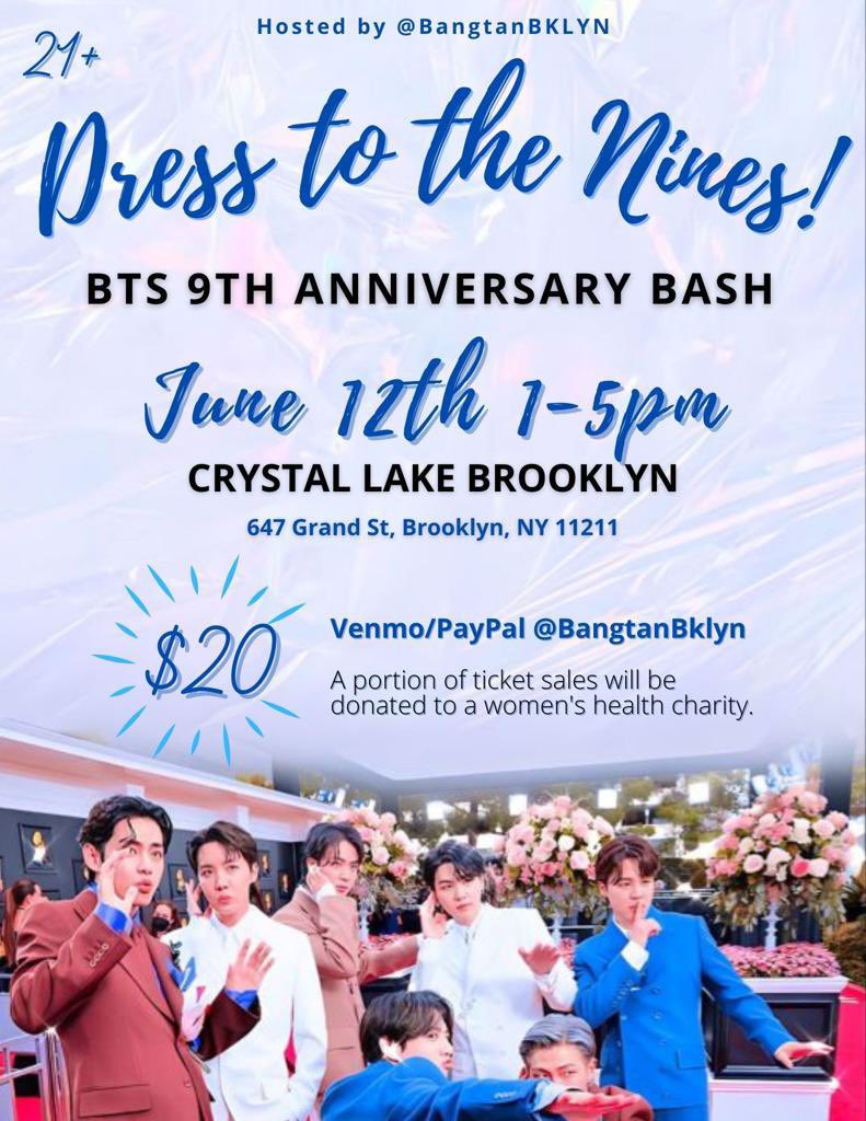 kpopinnyc's tweet photo. [CONT] 

Dress to the Nines! 21+ 🎉
💜 @bangtanbklyn 

K-FUN DAY 🎉
✨ @vante_borahae_ 

FESTAVAL: BTS Birthday Bash 21+ 🥳
💜 @armyswhotravel 

BTS DAY 💜
🥳 @Moonlighttshop 

#BTS #방탄소년단 https://t.co/Sa0BECHxGg
