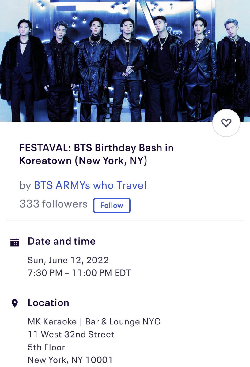 kpopinnyc's tweet photo. [CONT] 

Dress to the Nines! 21+ 🎉
💜 @bangtanbklyn 

K-FUN DAY 🎉
✨ @vante_borahae_ 

FESTAVAL: BTS Birthday Bash 21+ 🥳
💜 @armyswhotravel 

BTS DAY 💜
🥳 @Moonlighttshop 

#BTS #방탄소년단 https://t.co/Sa0BECHxGg