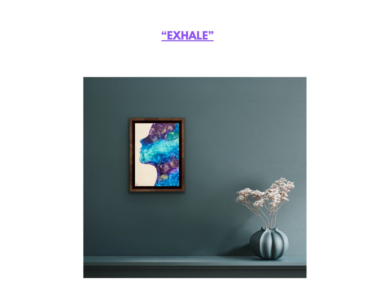 SsentamuDr's tweet photo. Alcohol ink painting of a woman in blues, purple with a splash of gold. Life begins with an inhale and ends with an exhale, in between that inhale and exhale is our life. The woman looks to be breathing out - and the condensation from her mouth is a manifestation of the future https://t.co/nze0ZIWAsv