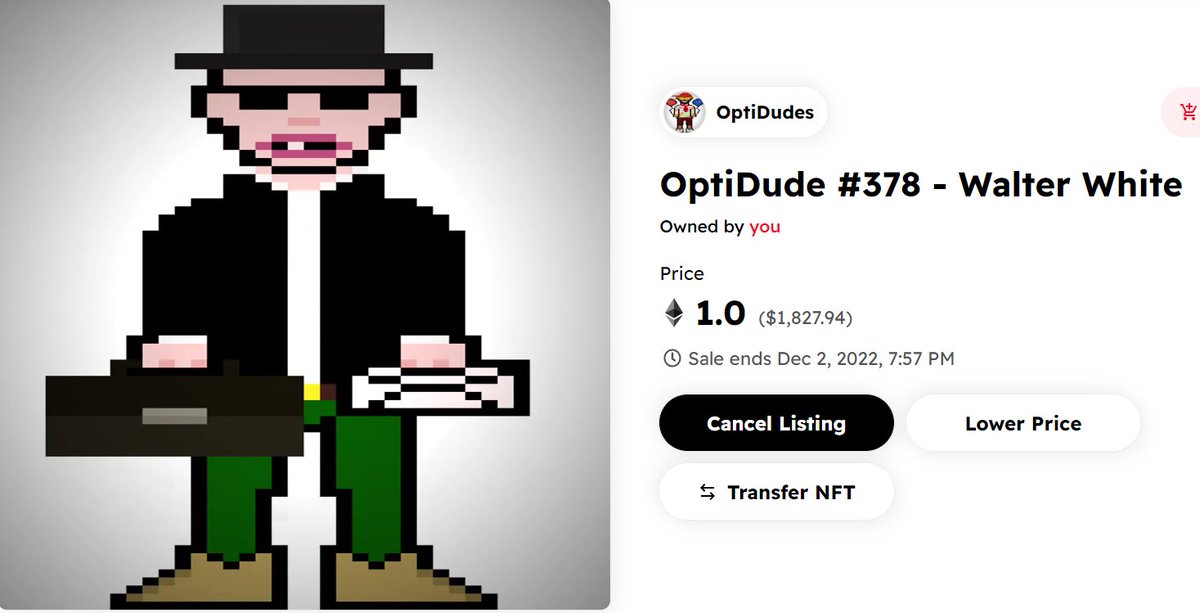 princealig's tweet photo. Walter White NFT for sale

OptiDudes collection Optimism NFT marketplace

https://t.co/0LUgRCtomi

#optimismPBC #walterwhite #NFTs @quixotic_io #BTC 
@optimismPBC #BreakingBad #BetterCallSaul #Heisenberg #Ethereum #Layer2 https://t.co/Us7XS4p907