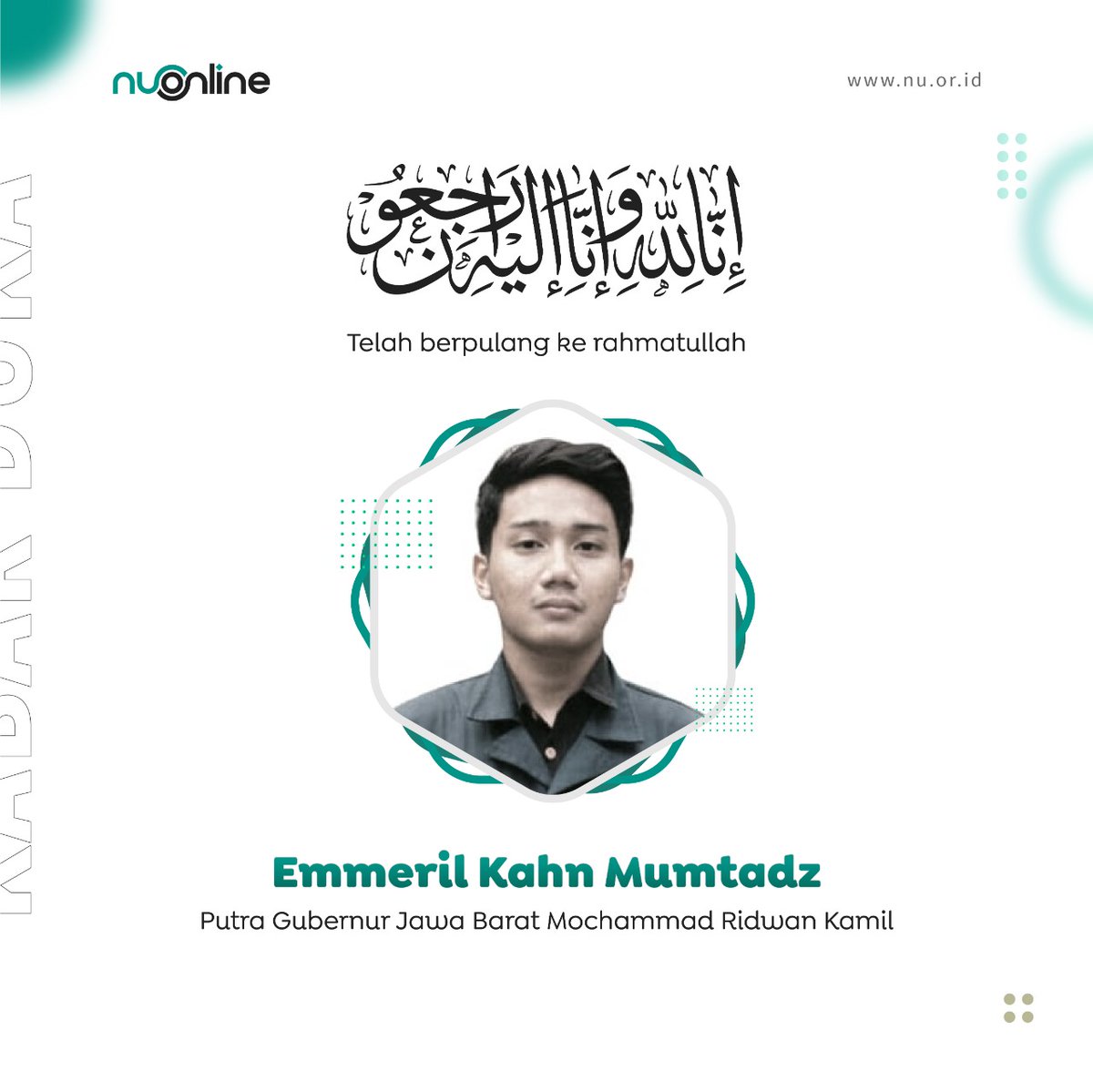 nu_online's tweet photo. Majelis Ulama Indonesia (MUI) Provinsi Jawa Barat mengimbau kepada masyarakat muslim menggelar shalat ghaib, Jumat (3/6/2022) besok untuk putra Gubernur Jawa Barat Ridwan Kamil, Emmeril Kahn Mumtadz (Eril) yang hilang di Sungai Aare, Bern, Swiss. https://t.co/fNZbqlCbVm