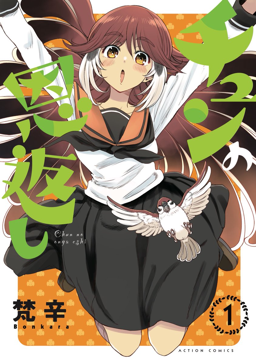 1girl school uniform bird skirt long hair brown hair cover  illustration images