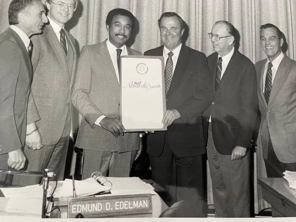 LACCorps's tweet photo. Happy 40th Anniversary, dear Abdu! 

Photo: The Hon. Saoud with Supervisors of the Los Angeles County in June, 1982. 3/3 https://t.co/HV5LHQx0F6