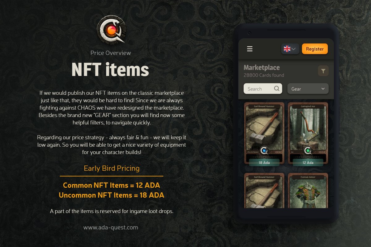 AdaQuestGame's tweet photo. Check #NFT Items layouts &amp; artworks: Done ✅
Adjust and balance modifiers: Done ✅
Adjust and test marketplace: Done ✅
📢Oh yes on the 04.06.2022 13:00 UTC we hold a live #AMA on our #Discord server: https://t.co/JkCwohcxN3

#NFTdrop #BuildingOnCardano #CNFT https://t.co/szwZ3t5k7O