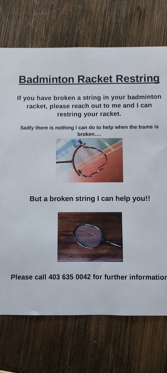 1050coach's tweet photo. Badminton racket restringing in Lethbridge. Please contact me if you have broken a string and need a restringing. #Lethbridge #badminton https://t.co/wAgTJ4hkhb