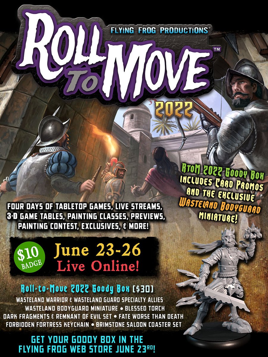FFPGames's tweet photo. Roll-To-Move Badges go on sale tomorrow, along with registration for events!  We are planning to launch at 4PM PST Friday, June 3rd.  Link will be posted here tomorrow.

#flyingfrogproductions #tabletop #boardgames #bgg #shadowsofbrimstone #rolltomove #games #miniaturepainting https://t.co/Qpsr2sdrIs