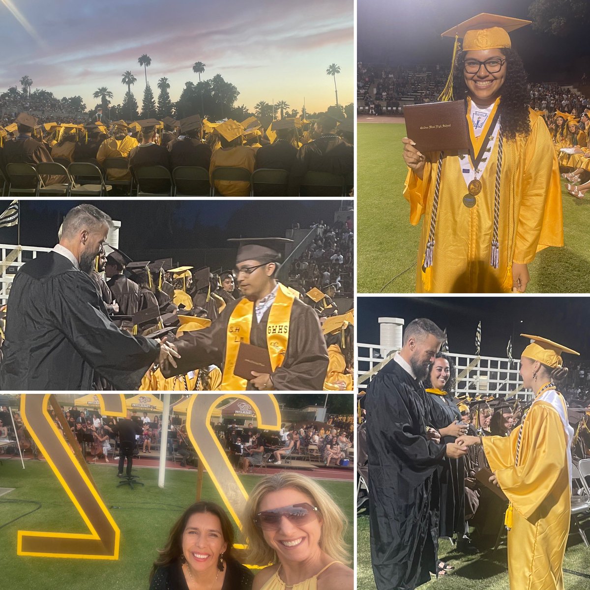 jacquiegaebe's tweet photo. Even though it was back in the 1900’s 😂, feels like it was just yesterday that I stood on this field in that same gold gown. So honored to be here tonight to hand diplomas to the Golden West Class of 22! 👩🏼🎓🤎💛 #alwaysablazer #VisaliaUSD @KirkShrum @lambox4 @WaltaGamoian https://t.co/UDukGT45Dk