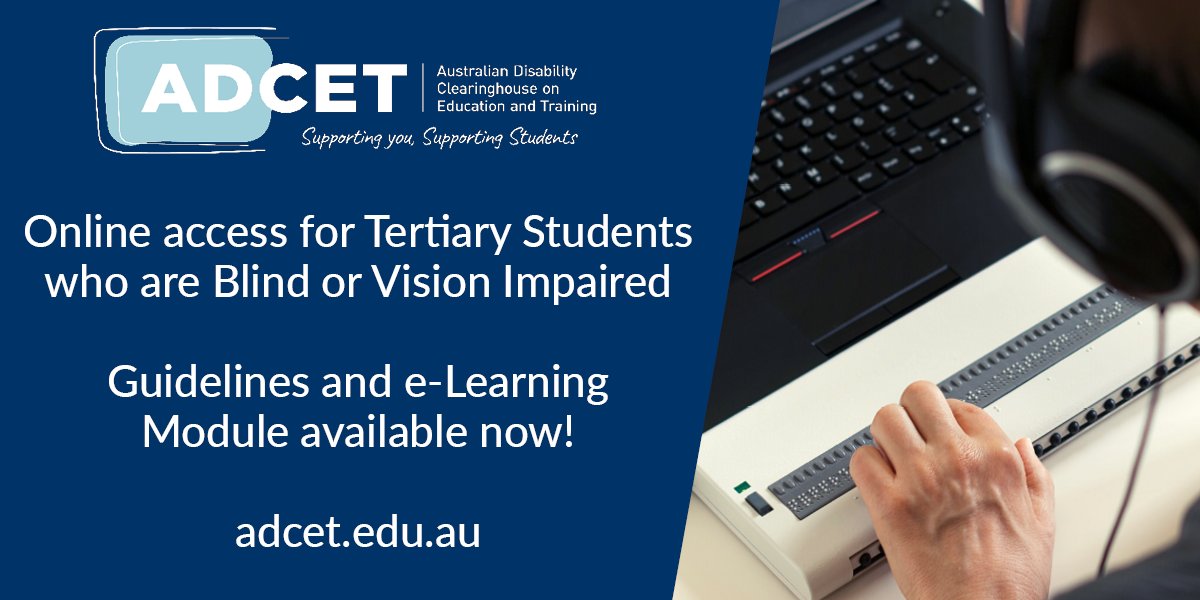 acsesedu's tweet image. While #OnlineLearning offers new opportunities for #StudentsWithDisability, lectures &amp;amp; resources could be refined for Blind or #VisionImpaired students.

@adcet_edu_au &amp;amp; the NDCO Program have come to the rescue with e-Learning &amp;amp; Guidelines for teachers: adcet.edu.au/resource/10951…