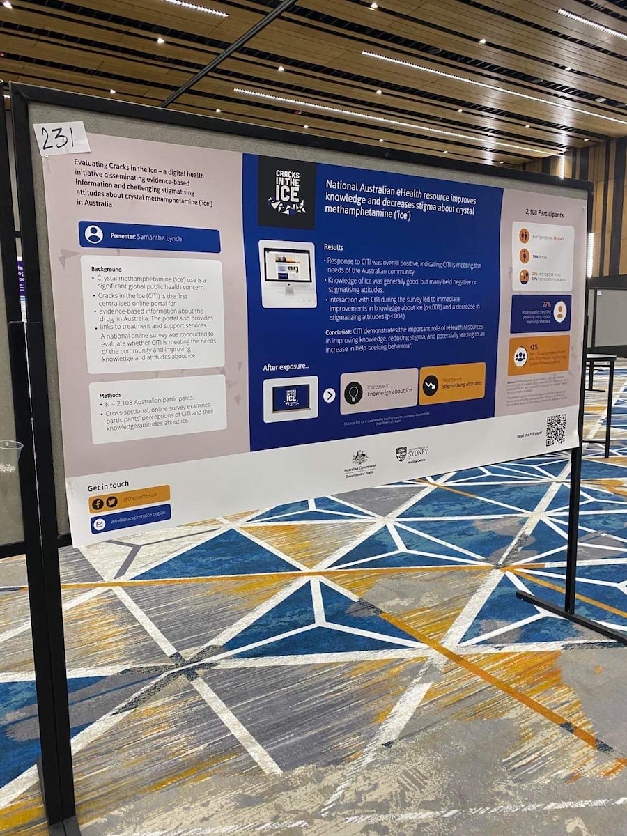 cracksintheice's tweet photo. Our poster presentation at the 2022 @SPRORG Annual Meeting held in Seattle USA this week! Thank you @thesamlynch for bringing @cracksintheice to a global stage + sharing our success in helping to reduce stigma about #crystalmethamphetamine
#sprconf22 https://t.co/JHfWu43R1U