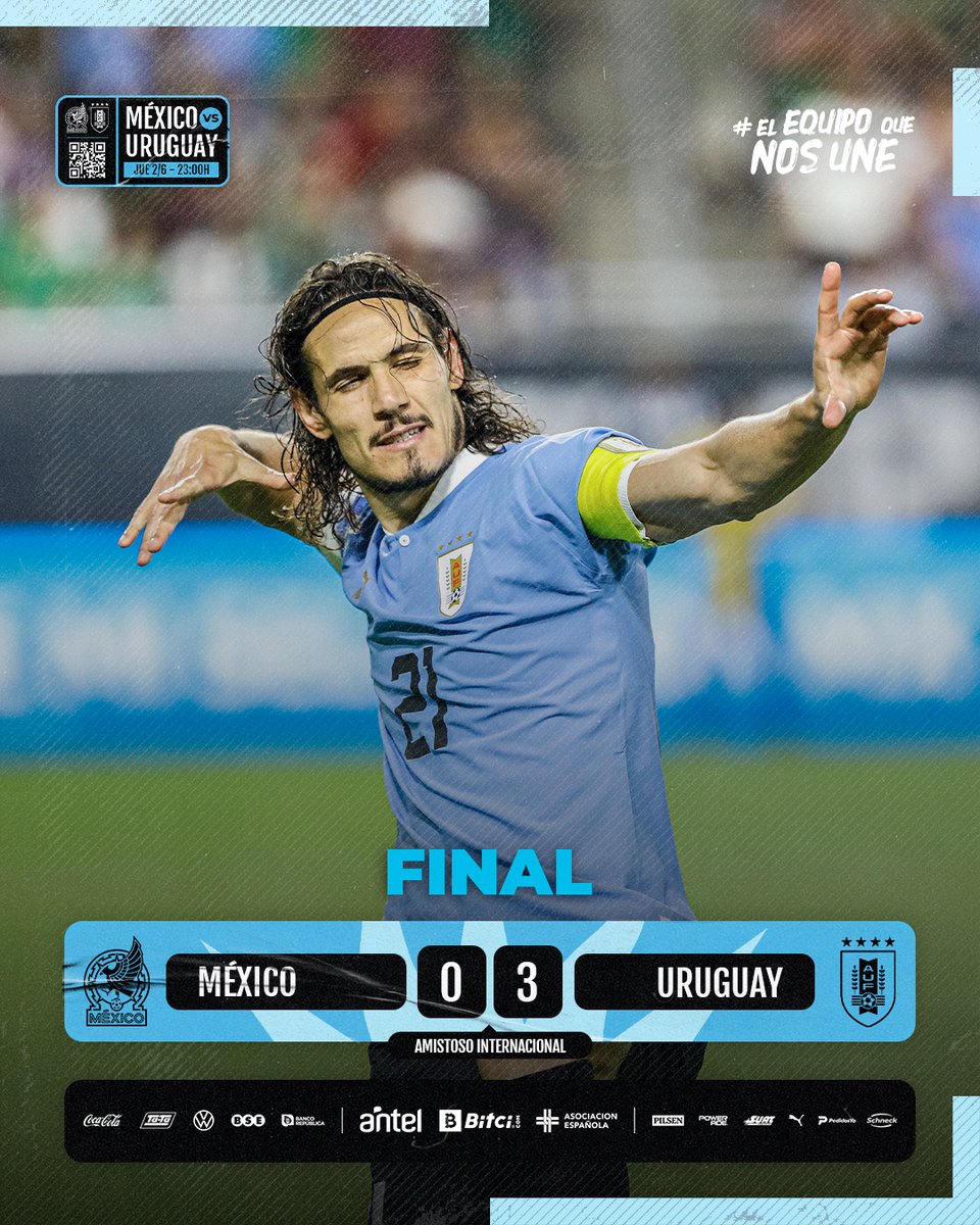 Uruguay's tweet photo. 🇺🇾 ¡𝙂𝘼𝙉𝙊́ 𝙐𝙍𝙐𝙂𝙐𝘼𝙔!

@miseleccionmx 0-3 @Uruguay 

⚽ @vecino y @ECavaniOfficial (x2)

#ElEquipoQueNosUne https://t.co/R3mGytDXQ2