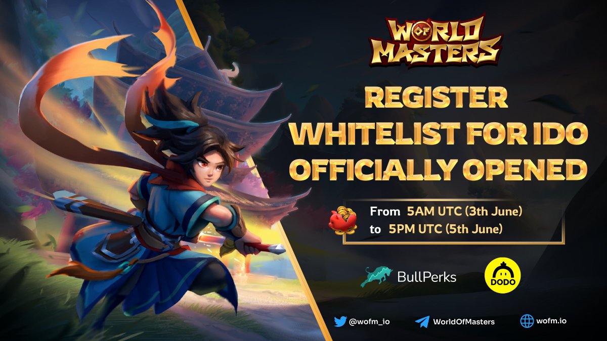 wofm_io's tweet photo. 💫 WORLD OF MASTERS Whitelist for IDO Officially Opened

Go &amp; Register at https://t.co/oMMYKWHXCY

Details of Whitelist registration: 
🏆 Winner announcement: TBA 
⏰ Start: 5AM UTC 3 June 2022
⏰ End: 5PM UTC 5 June 2022
⚡️ Total slot: 150 slots

We wish you luck! 🚀 https://t.co/aK35kXOMff