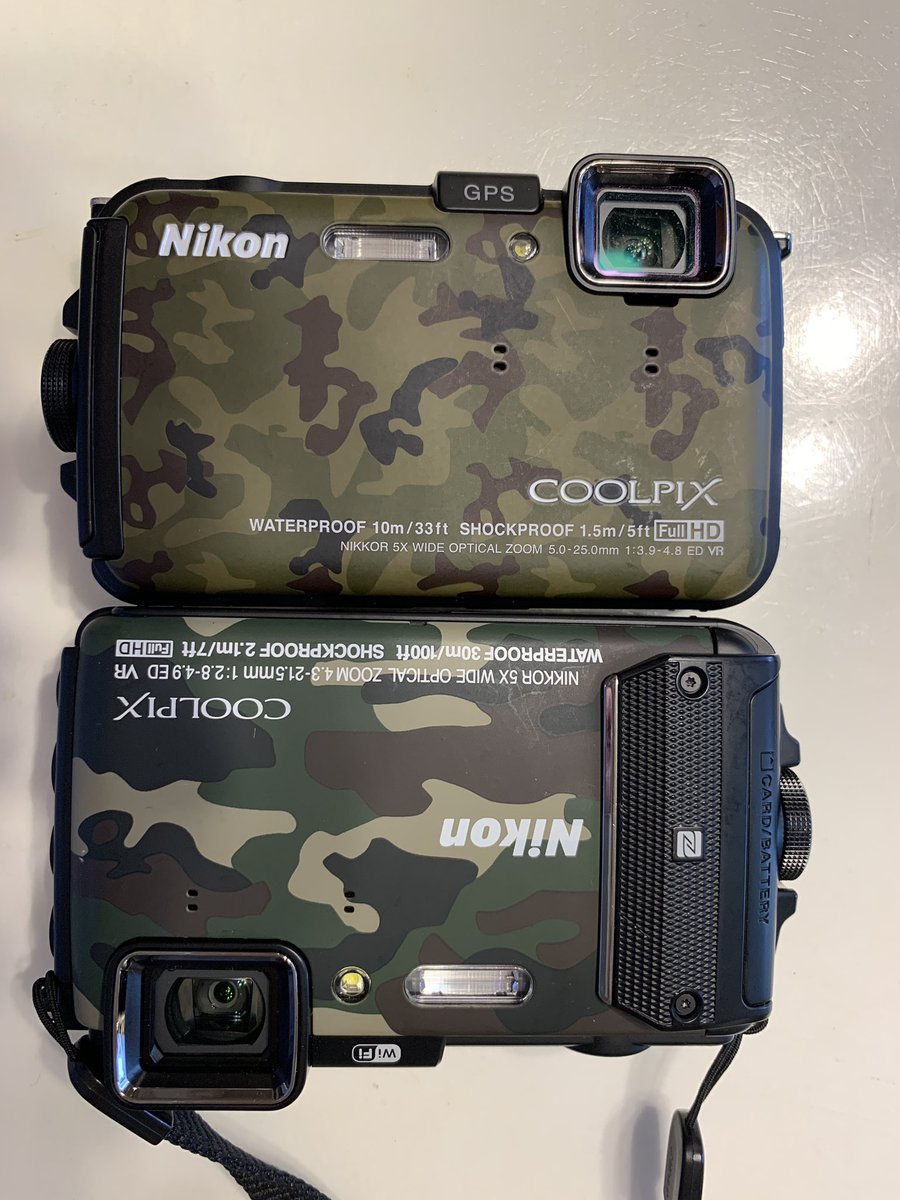 kikuling's tweet photo. Coolpix aw100のカモフラージュがとてもクールだったので、wifi使えて明るいf2.8レンズ、気圧計も装備しているAW130も手に入れてしまったという話。
こうしてみるとカモフラージュパターンが結構違いますね!
#AW130
#coolpix
#Nikon https://t.co/9WLU92iDvo