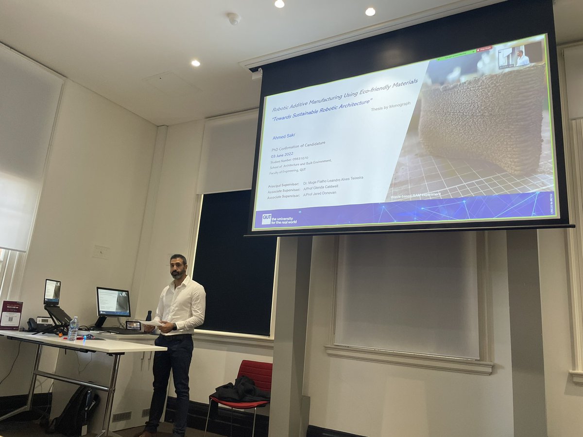 What a pleasure to support Ahmed Sake’s PhD Confirmation Seminar as he presented his PhD research on Robotic Additive Manufacturing Using Eco Friendly Materials #DesignRobotics #ArmHub #Robotic3Dprinting #DERT #Architecture #QUTEngineering