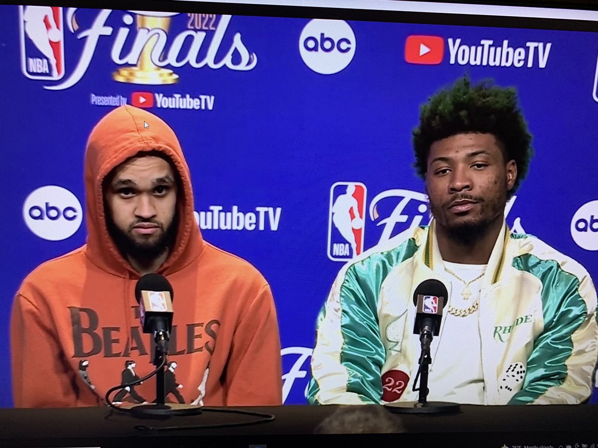 KeithSmithNBA's tweet photo. No big deal, just two of the best defensive guards in the league doing NBA Finals podium stuff together. https://t.co/vbP2eWd4MU