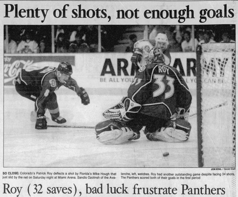 1996: Patrick Roy (32 saves) and Colorado Avalanche defeat Florida Panthers in Game Three of Stanley Cup Final, 3-2. https://t.co/DXGzAVcnfE https://t.co/2IE9CagSSd