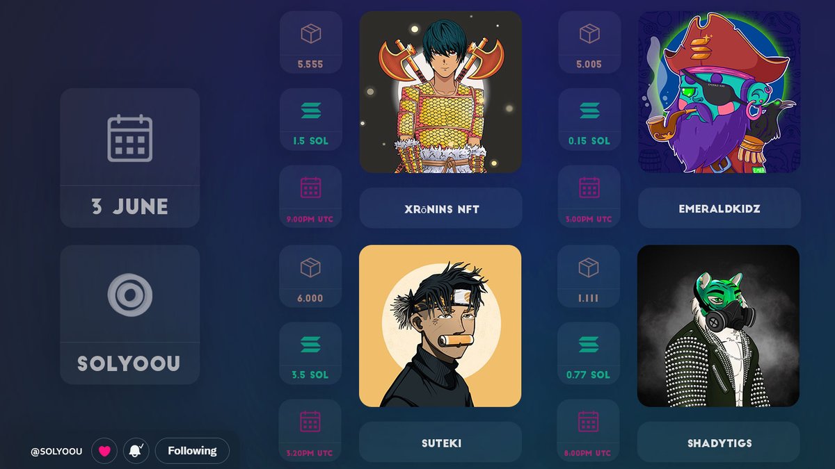SOLYOOU's tweet photo. #SOLYOU $SOL REMINDER ⏰
Mint June 3rd 🗓️
@Suteki_NFT
@EmeraldKidz
@ShadyTigsNFT
@XroninNFT
Which one you will mint Today !
#solananft #SolanaNFT #NFT #NFTCommunity #nftart #NFTdrop #SOL #Solana #nftcollectors #NFTProjects $sol #nftarti̇sts #nftart https://t.co/YjcVTLtSDV