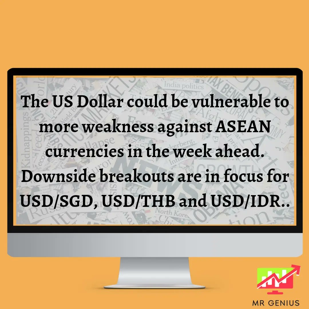 ForexGenius13's tweet photo. || Forex News ||📈📊

1. The US Dollar could be vulnerable to more weakness against ASEAN currencies in the week ahead. Downside breakouts are in focus for USD/SGD, USD/THB and USD/IDR.

2. Gold moves sharply higher and tests swing high from May 24. Price moves above the 38.2%. https://t.co/S5u6kvSO1S