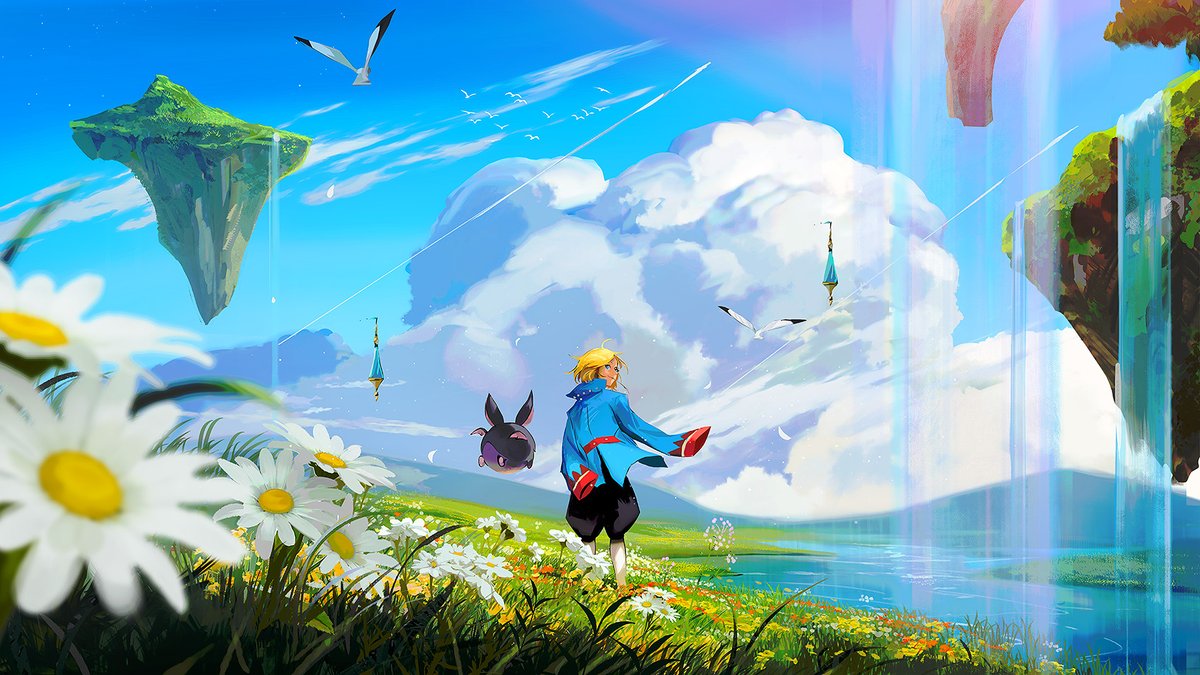outdoors flower 1boy sky day cloud blonde hair  illustration images