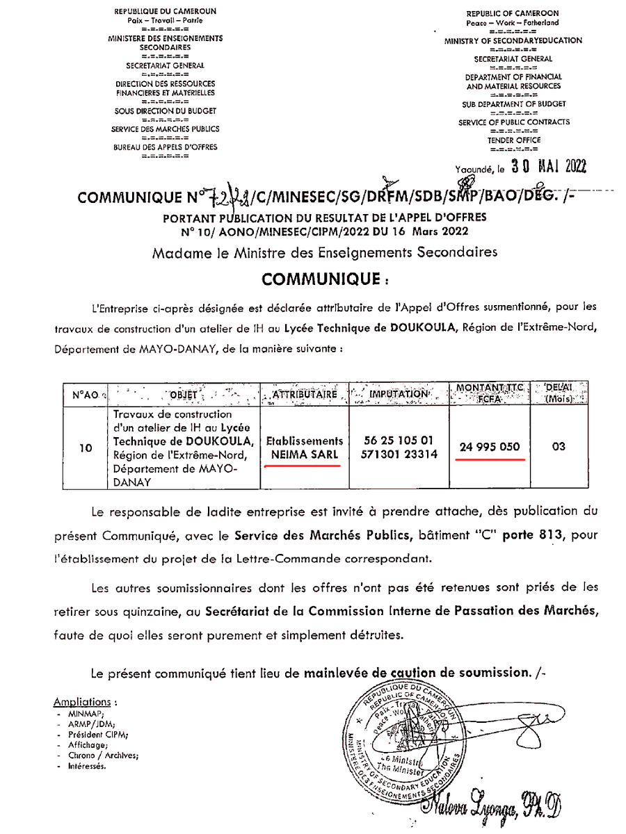 tassingremi's tweet photo. «Travaux de construction d’un atelier de IH au Lycée
Technique de DOUKOULA» pour 25M FCFA attribué à
ETS NEIMA SARL dont le NIU est introuvable
Le MINESEC est sur Twitter?
#NIUWanted https://t.co/fZhXJsXw82