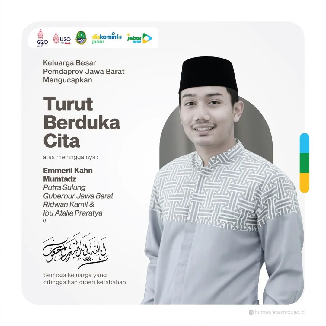 Innalillahi wa innailaihi raji'un..

Keluarga besar Pemdaprov Jabar mengucapkan turut berduka cita atas meninggalnya Emmeril Kahn Mumtadz (Putra Sulung Gubernur Jabar <a href="/ridwankamil/">Ridwan Kamil</a> dan Ibu <a href="/ata_lia/">Atalia Praratya</a>) 🙏