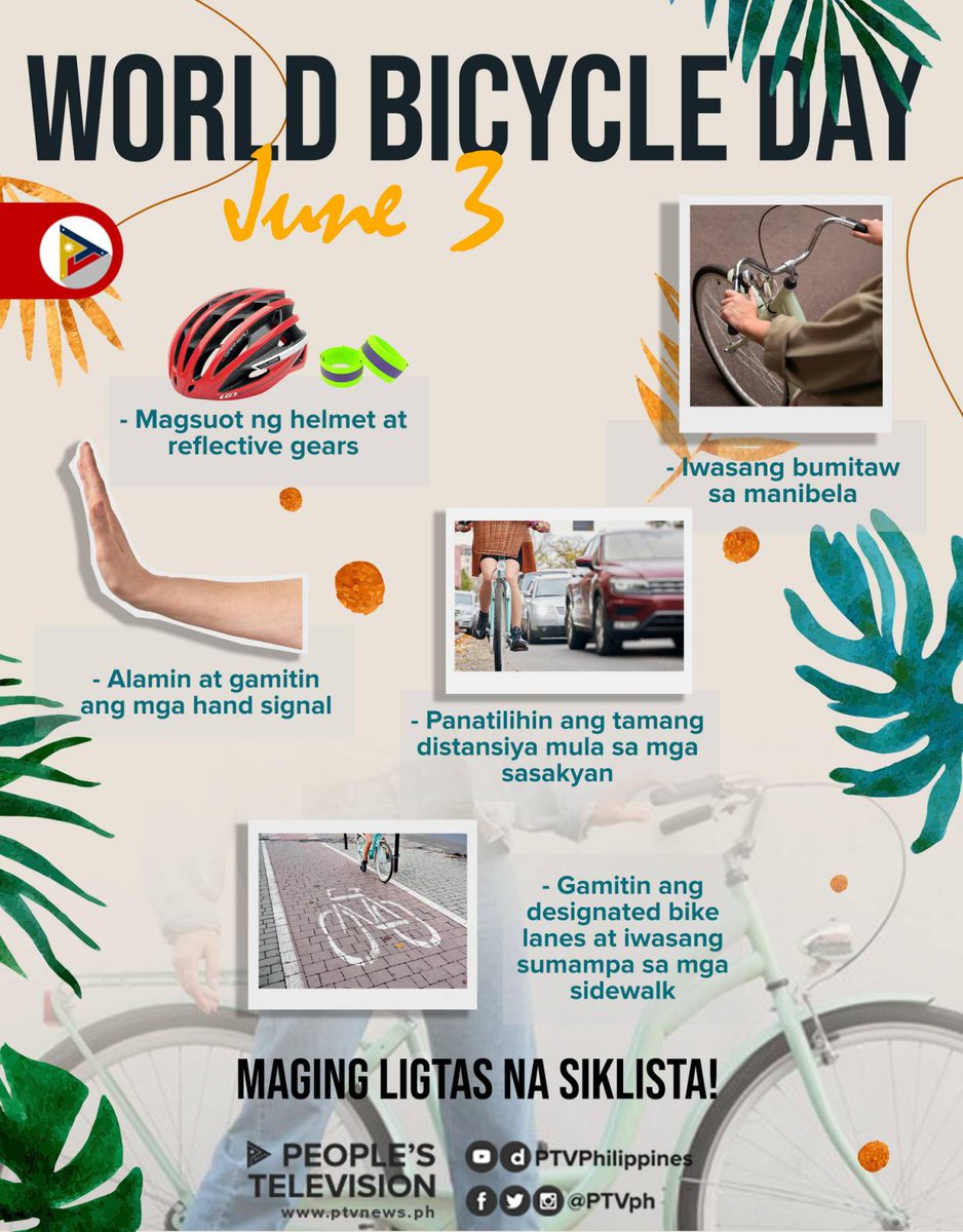PTVph's tweet photo. It’s World Bicycle Day! 🚴🏻‍♂️

Did you know that?

Aside from burning about 450-750 calories per hour of cycling, you can also help mitigate carbon footprint by using a bicycle. https://t.co/hrjYTpmJ3n