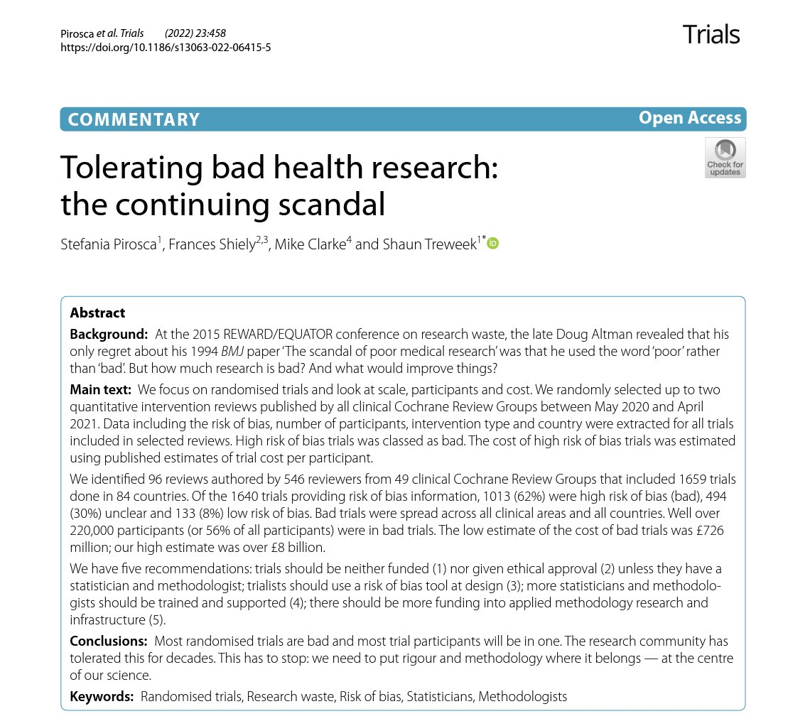 MaartenvSmeden's tweet image. Excellent (but slightly depressing) paper on bad trial research.
"The low estimate of the cost of bad trials was £726 million; our high estimate was over £8 billion."
trialsjournal.biomedcentral.com/articles/10.11…