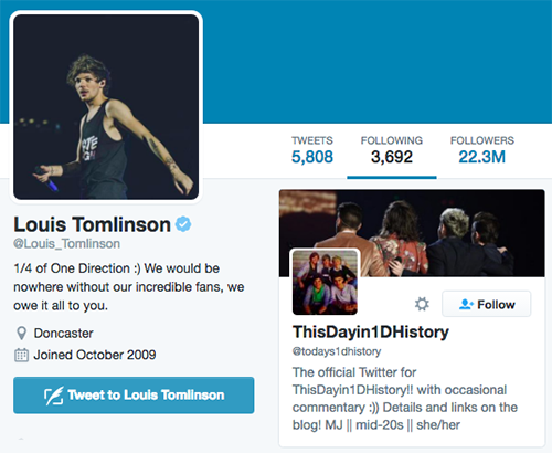 todays1dhistory's tweet photo. Today (June 3) in 2016 - Louis hits the follow button 😭😭💗 https://t.co/2ZXP7b8Ef8