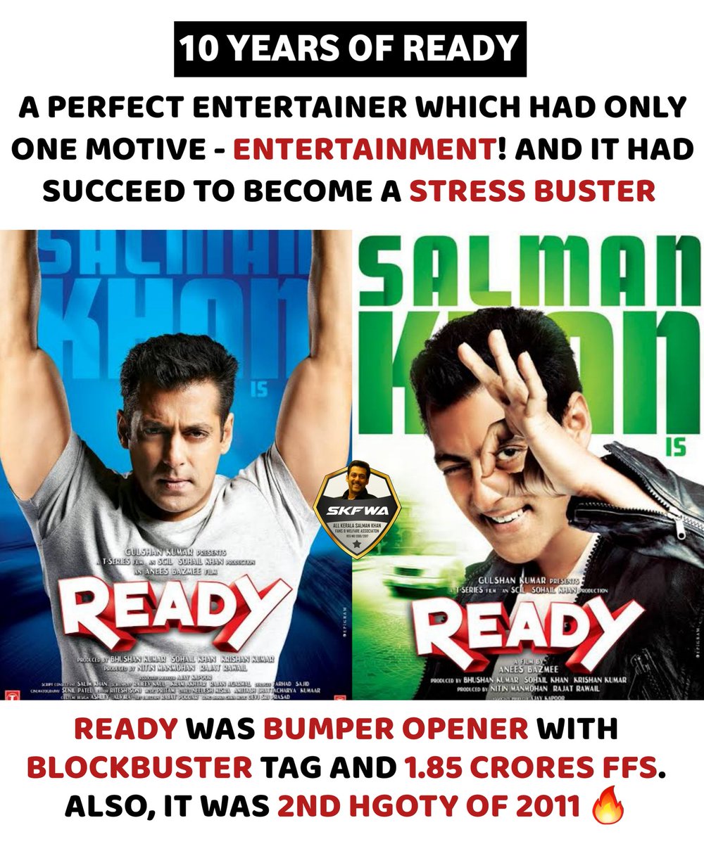 #11YearsOfReady 

A Perfect entertainer which had only one Motive - Entertainment! and it had succeed to become a Stress-Buster 🔥

- Bumper Opener
- BLOCKBUSTER
- Sold 1.85 Crores FF
- 2nd HGOTY OF 2011

#Ready #SalmanKhan #AneesBazmee